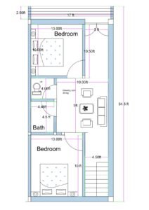 17x36.5 feet east-facing Vastu-compliant 2BHK house plan with two bedrooms, separate bath and toilet, drawing-cum-dining area, and internal staircase, kitchen located on terrace.