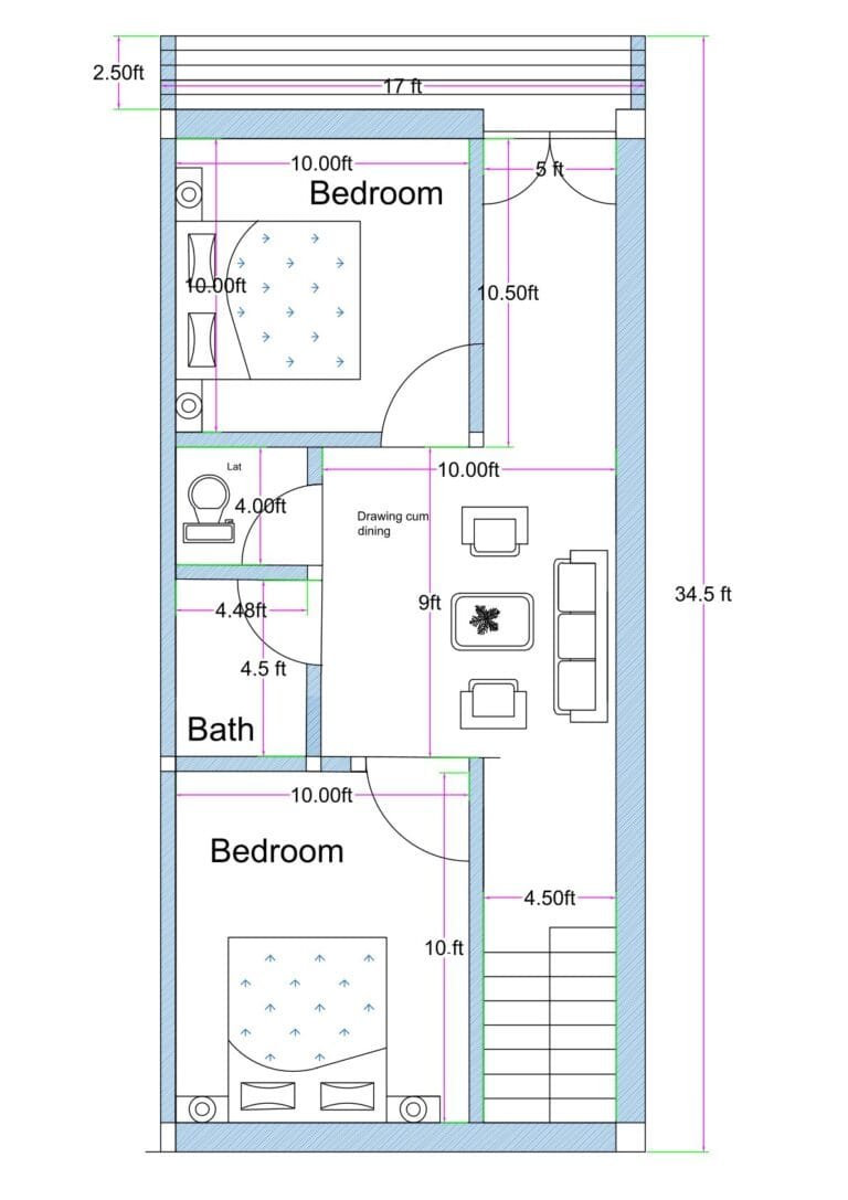 17x36.5 feet east-facing Vastu-compliant 2BHK house plan with two bedrooms, separate bath and toilet, drawing-cum-dining area, and internal staircase, kitchen located on terrace.