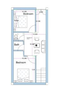 17x36.5 feet east-facing Vastu-compliant 2BHK house plan with two bedrooms, separate bath and toilet, drawing-cum-dining area, and internal staircase, kitchen located on terrace. part. 2