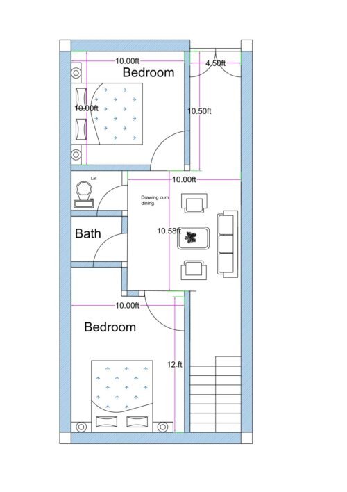 17x36.5 feet east-facing Vastu-compliant 2BHK house plan with two bedrooms, separate bath and toilet, drawing-cum-dining area, and internal staircase, kitchen located on terrace. part. 2