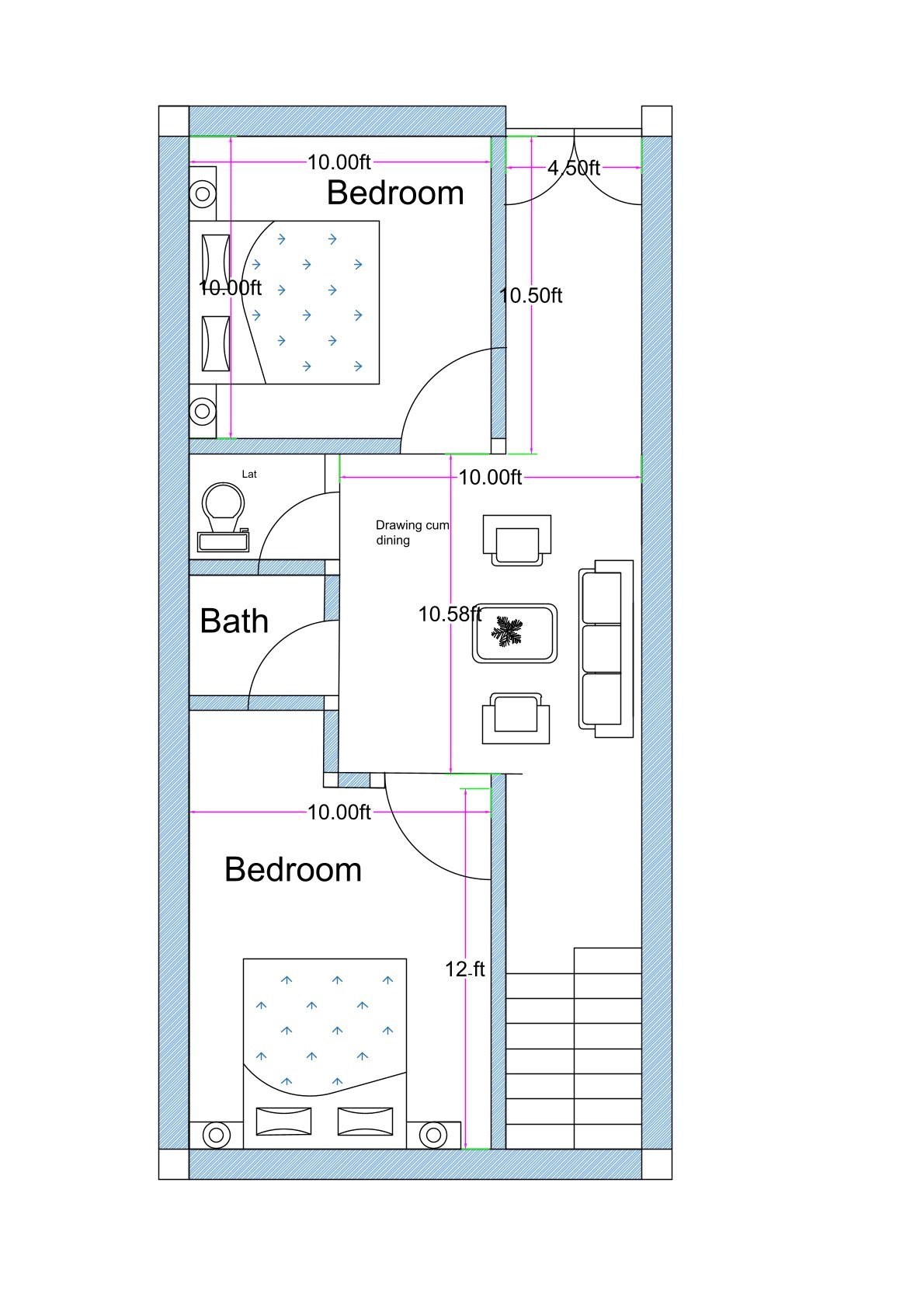 17x36.5 feet east-facing Vastu-compliant 2BHK house plan with two bedrooms, separate bath and toilet, drawing-cum-dining area, and internal staircase, kitchen located on terrace. part. 2