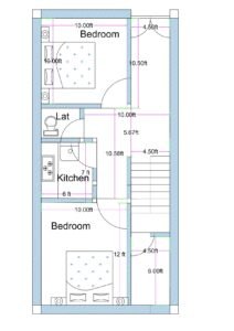 17x36.5 feet east-facing Vastu 2BHK house plan with kitchen, two bedrooms, separate bath and toilet, drawing-cum-dining area, and internal staircase.