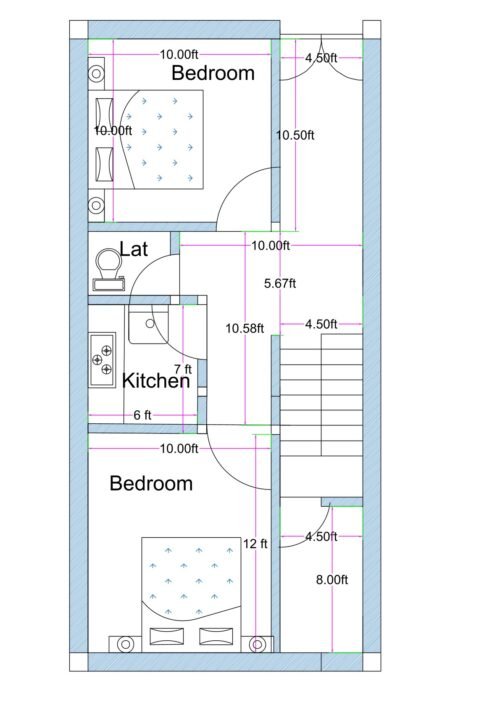 17x36.5 feet east-facing Vastu 2BHK house plan with kitchen, two bedrooms, separate bath and toilet, drawing-cum-dining area, and internal staircase.