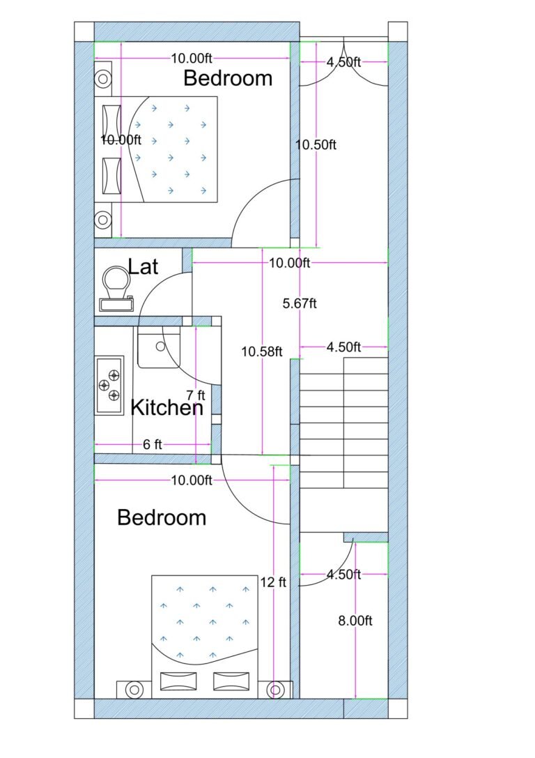 17x36.5 feet east-facing Vastu 2BHK house plan with kitchen, two bedrooms, separate bath and toilet, drawing-cum-dining area, and internal staircase.
