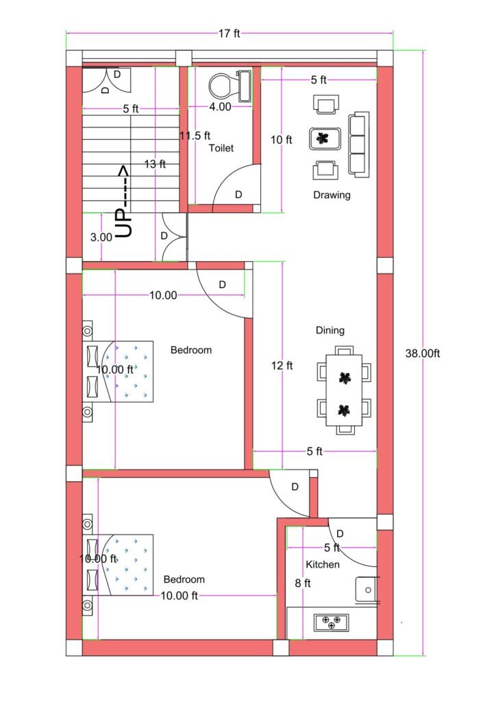 17x38 feet north-facing 2BHK house plan with dual ground floor entrances, staircase access, separate kitchen, dining area, two bedrooms, and common toilet layout.