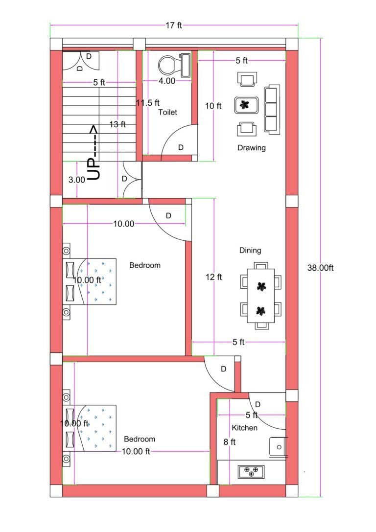 17x38 feet north-facing 2BHK house plan with dual ground floor entrances, staircase access, separate kitchen, dining area, two bedrooms, and common toilet layout.