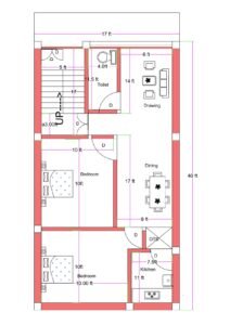 17x40 feet 2BHK house plan with front staircase, spacious drawing and dining area, separate kitchen with OTS, two bedrooms, and common toilet layout.