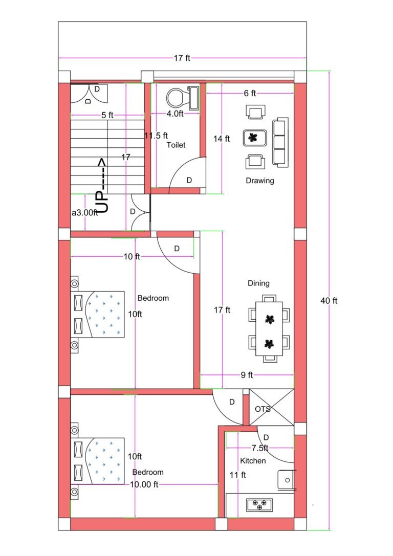 17x40 feet 2BHK house plan with front staircase, spacious drawing and dining area, separate kitchen with OTS, two bedrooms, and common toilet layout.