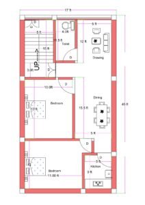 17x45 feet north-facing 2BHK house plan with front staircase, spacious drawing room, extended dining area, two bedrooms, separate kitchen, and common toilet layout.