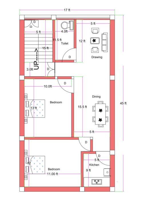 17x45 feet north-facing 2BHK house plan with front staircase, spacious drawing room, extended dining area, two bedrooms, separate kitchen, and common toilet layout.