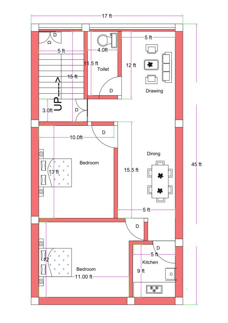 17x45 feet north-facing 2BHK house plan with front staircase, spacious drawing room, extended dining area, two bedrooms, separate kitchen, and common toilet layout.