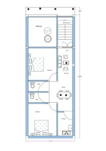 17x50 feet 2BHK house plan with front parking, stair and parking zone, drawing room, dining area, separate kitchen, two bedrooms, and dual toilets layout.