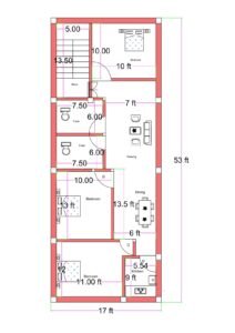 17x53 feet north-facing 3BHK house plan with front staircase, three bedrooms, two toilets, drawing room, dining area, and separate kitchen layout.