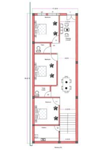 17x50 feet east-facing 3BHK house plan with balcony, front drawing room, three bedrooms, two toilets, separate kitchen, and side staircase layout.