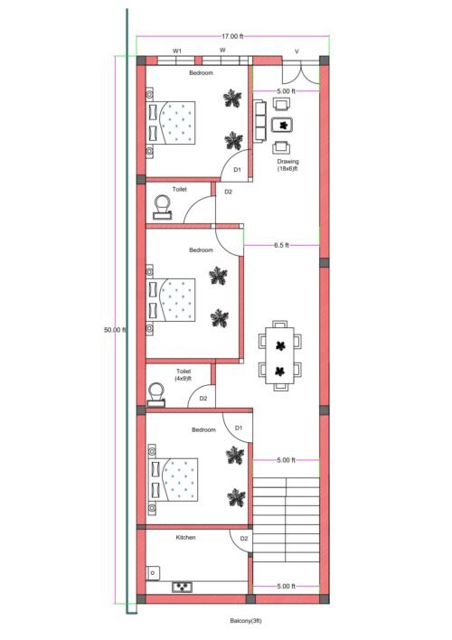 17x50 feet east-facing 3BHK house plan with balcony, front drawing room, three bedrooms, two toilets, separate kitchen, and side staircase layout.