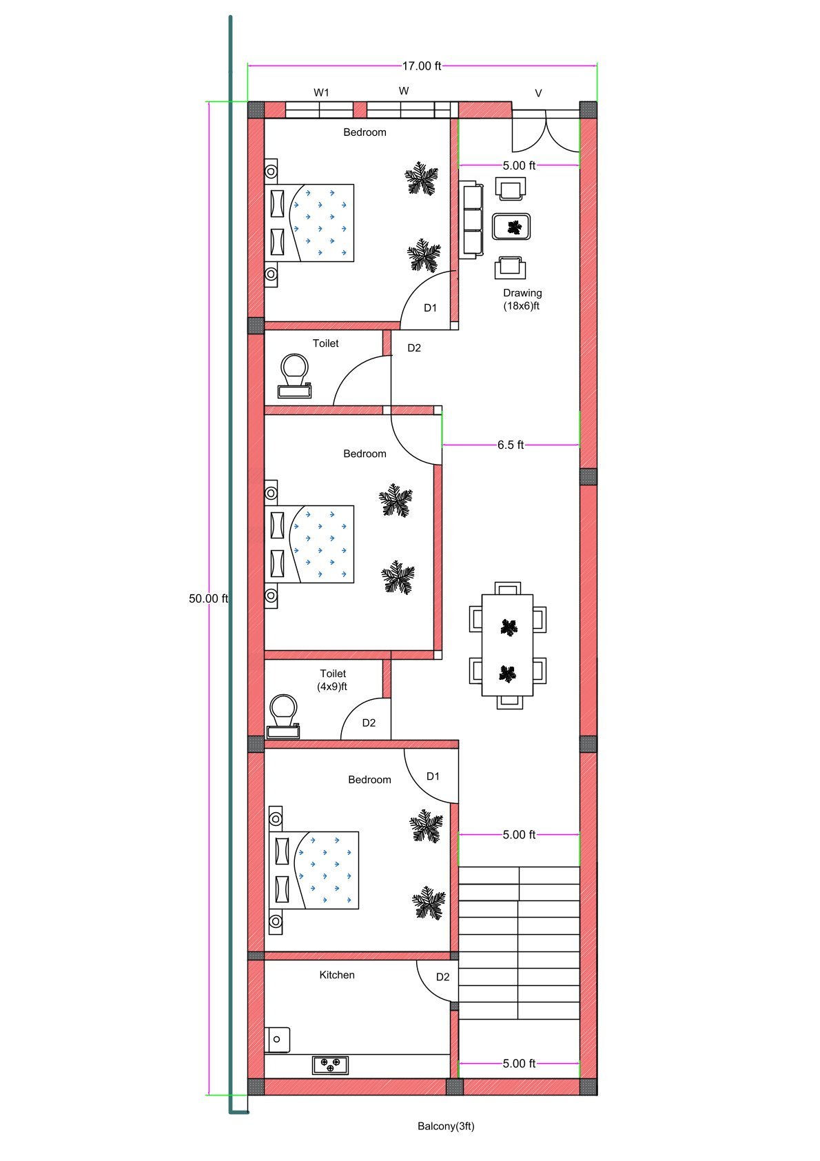 17x50 feet east-facing 3BHK house plan with balcony, front drawing room, three bedrooms, two toilets, separate kitchen, and side staircase layout.