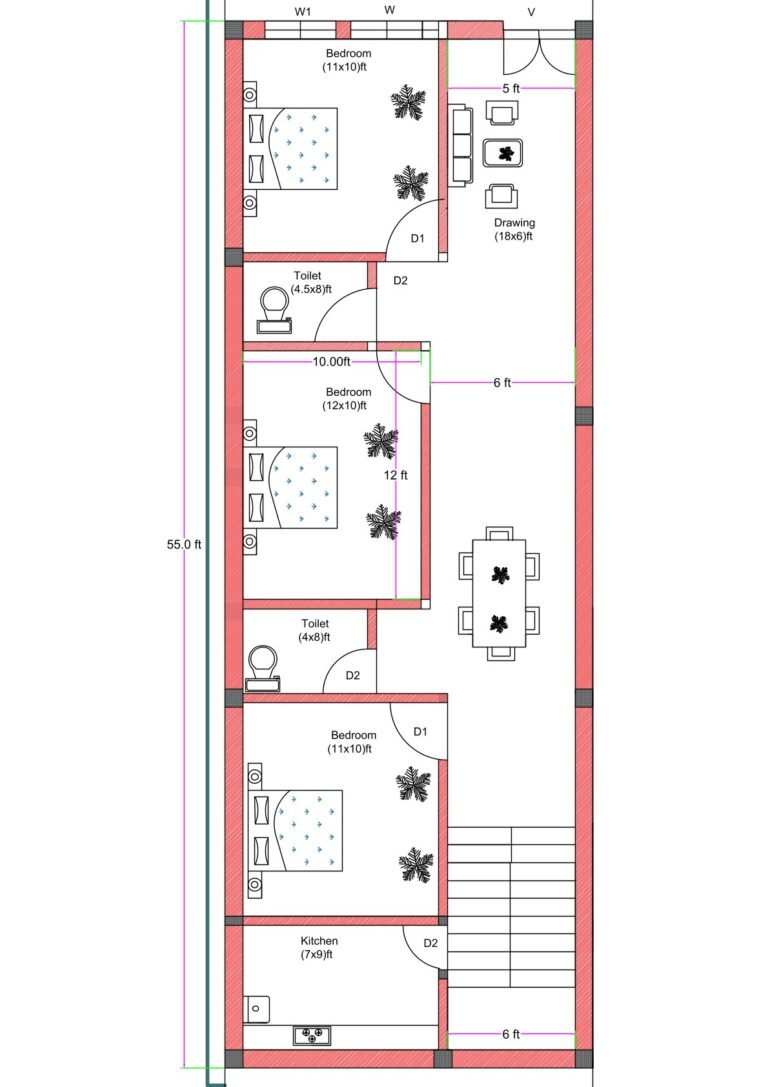 17x55 feet east-facing 3BHK house plan with 18x6 drawing room, three bedrooms (11x10 and 12x10), two toilets, 7x9 kitchen, dining area, and side staircase layout.