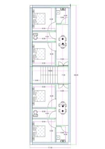 17x58 feet first floor plan with two compact 2BHK flats, central 15x7 staircase, 5x17 hall for drawing-dining, bedrooms, kitchen (5x6.5), and toilet layout; ground floor reserved for parking.