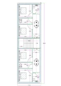 17x58 feet first floor plan with two compact 2BHK flats, central 15x7 staircase, 5x17 hall for drawing-dining, bedrooms, kitchen (5x6.5), and toilet layout; ground floor reserved for parking.