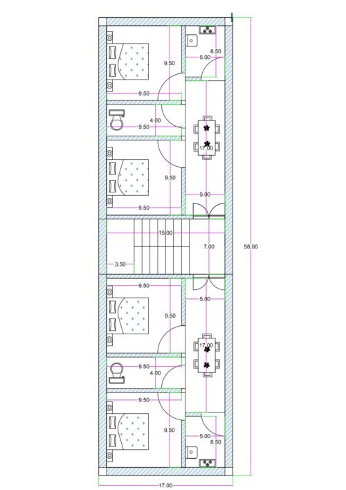 17x58 feet first floor plan with two compact 2BHK flats, central 15x7 staircase, 5x17 hall for drawing-dining, bedrooms, kitchen (5x6.5), and toilet layout; ground floor reserved for parking.