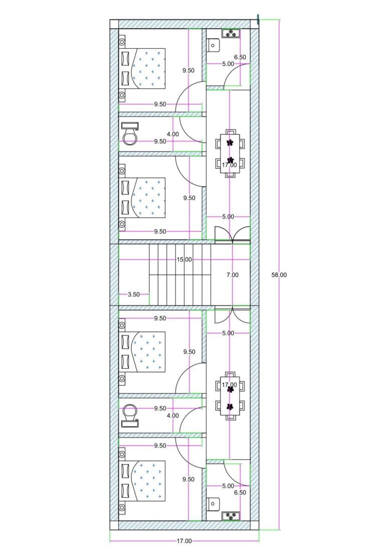 17x58 feet first floor plan with two compact 2BHK flats, central 15x7 staircase, 5x17 hall for drawing-dining, bedrooms, kitchen (5x6.5), and toilet layout; ground floor reserved for parking.