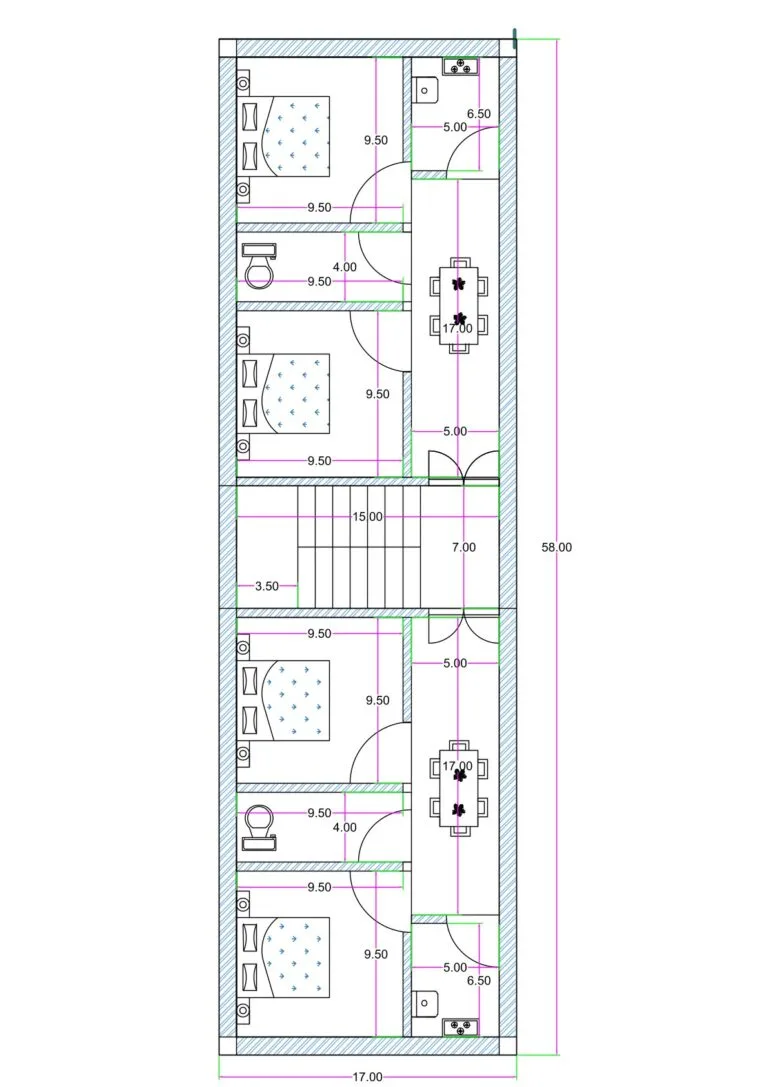 17x58 feet first floor plan with two compact 2BHK flats, central 15x7 staircase, 5x17 hall for drawing-dining, bedrooms, kitchen (5x6.5), and toilet layout; ground floor reserved for parking.