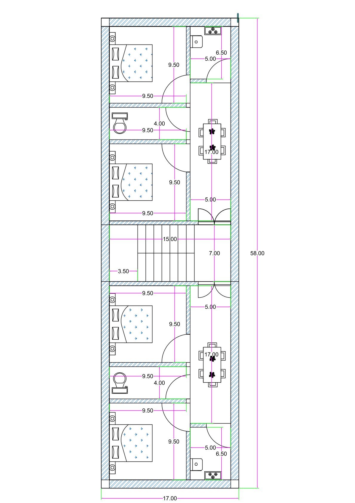 17x58 feet first floor plan with two compact 2BHK flats, central 15x7 staircase, 5x17 hall for drawing-dining, bedrooms, kitchen (5x6.5), and toilet layout; ground floor reserved for parking.