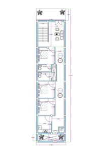 17x70 feet west-facing 3BHK house plan with 7 ft front lawn, 4 ft rear setback for ventilation, 9x15 drawing room, 6x15 staircase, three bedrooms, southeast kitchen, 3x3 puja room in northeast, and OTS provision.
