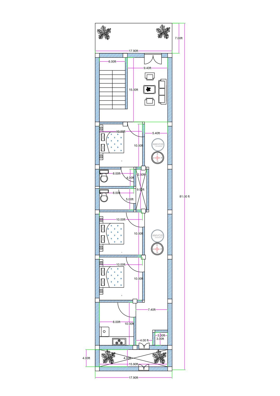 17x70 feet west-facing 3BHK house plan with 7 ft front lawn, 4 ft rear setback for ventilation, 9x15 drawing room, 6x15 staircase, three bedrooms, southeast kitchen, 3x3 puja room in northeast, and OTS provision.