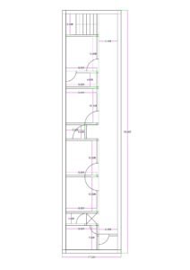 17x70 feet 4BHK house plan with front staircase (6x15), 5.5 ft entrance passage, master bedroom 10x9 with attached 4x9 toilet, additional bedrooms 10x9, common toilet 5x4, 7x9 kitchen, 3 ft store, and 5.5x5 puja room.