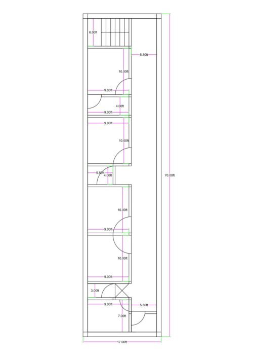 17x70 feet 4BHK house plan with front staircase (6x15), 5.5 ft entrance passage, master bedroom 10x9 with attached 4x9 toilet, additional bedrooms 10x9, common toilet 5x4, 7x9 kitchen, 3 ft store, and 5.5x5 puja room.