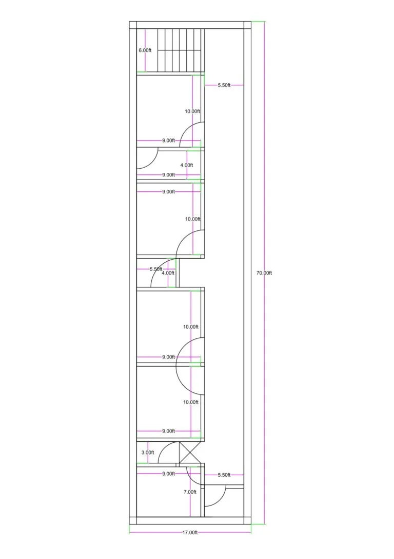 17x70 feet 4BHK house plan with front staircase (6x15), 5.5 ft entrance passage, master bedroom 10x9 with attached 4x9 toilet, additional bedrooms 10x9, common toilet 5x4, 7x9 kitchen, 3 ft store, and 5.5x5 puja room.
