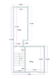 L-shaped irregular commercial plot plan with two separate shops, one rear shop behind staircase and another front-side shop, designed on joined unconventional plots.