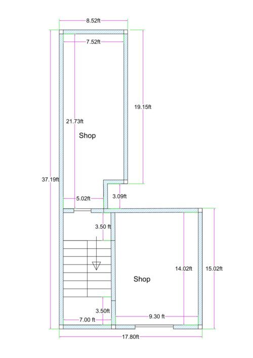 L-shaped irregular commercial plot plan with two separate shops, one rear shop behind staircase and another front-side shop, designed on joined unconventional plots.