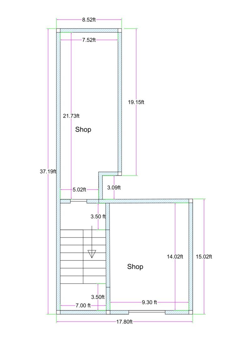 L-shaped irregular commercial plot plan with two separate shops, one rear shop behind staircase and another front-side shop, designed on joined unconventional plots.