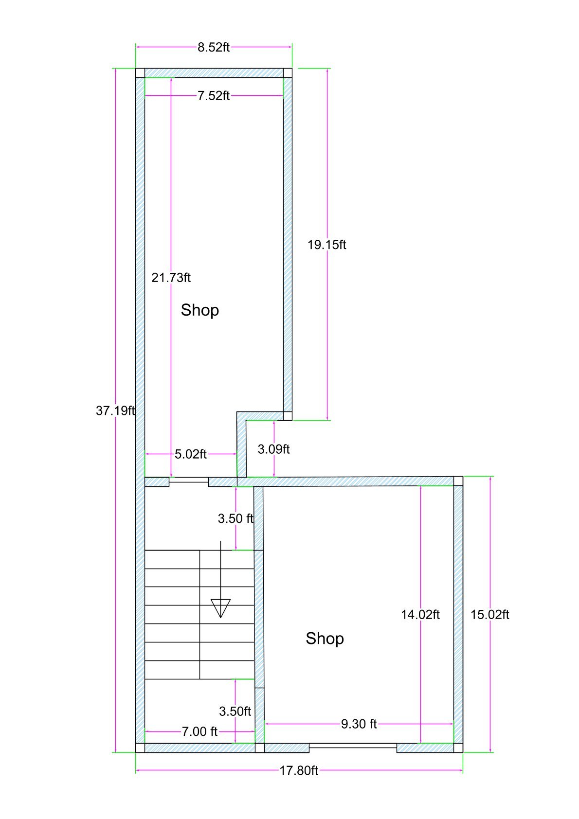 L-shaped irregular commercial plot plan with two separate shops, one rear shop behind staircase and another front-side shop, designed on joined unconventional plots.