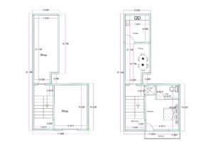 L-shaped irregular commercial plot plan with two separate shops, one rear shop behind staircase and another front-side shop, designed on joined unconventional plots. Ground + 1st Floors