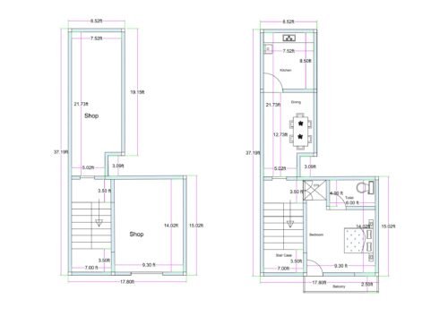 L-shaped irregular commercial plot plan with two separate shops, one rear shop behind staircase and another front-side shop, designed on joined unconventional plots. Ground + 1st Floors