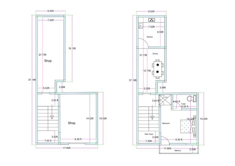 L-shaped irregular commercial plot plan with two separate shops, one rear shop behind staircase and another front-side shop, designed on joined unconventional plots. Ground + 1st Floors