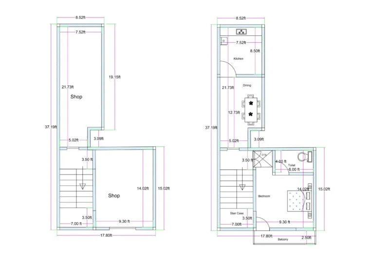 L-shaped irregular commercial plot plan with two separate shops, one rear shop behind staircase and another front-side shop, designed on joined unconventional plots. Ground + 1st Floors