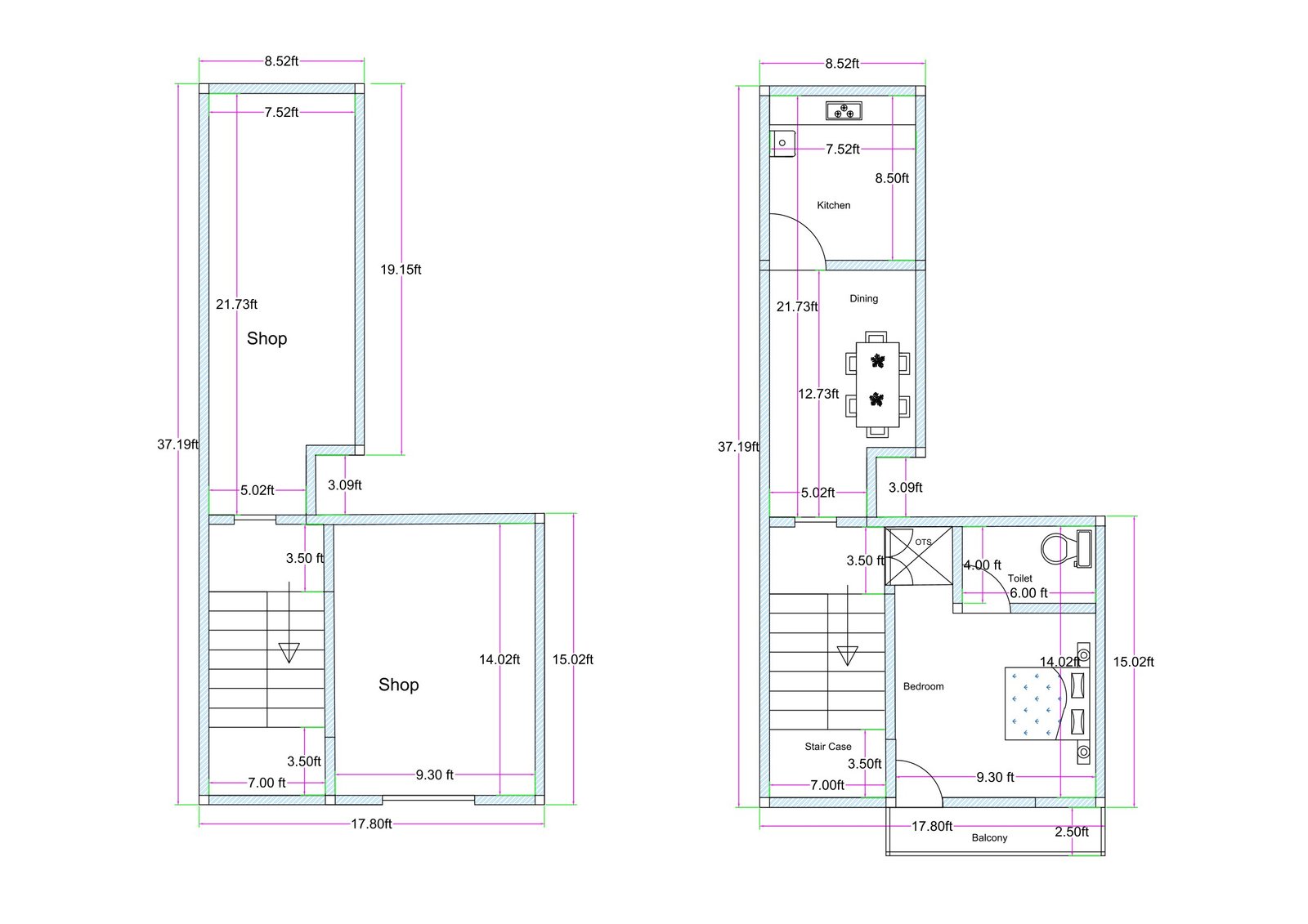 L-shaped irregular commercial plot plan with two separate shops, one rear shop behind staircase and another front-side shop, designed on joined unconventional plots. Ground + 1st Floors
