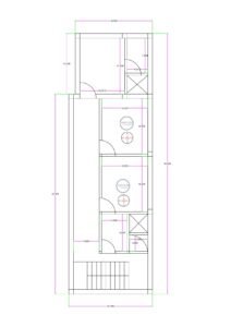18 feet wide irregular house plan (16.7 ft narrow front) with drawing room and attached toilet, dual OTS for ventilation, bedrooms, 8x5.5 kitchen, rear staircase layout.