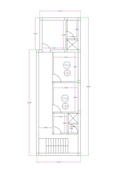 18 feet wide irregular house plan (16.7 ft narrow front) with drawing room and attached toilet, dual OTS for ventilation, bedrooms, 8x5.5 kitchen, rear staircase layout.