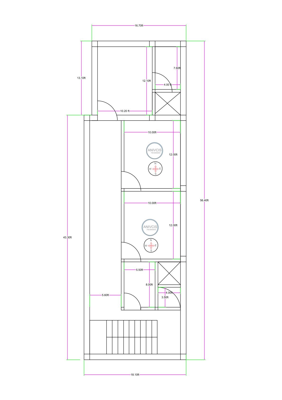 18 feet wide irregular house plan (16.7 ft narrow front) with drawing room and attached toilet, dual OTS for ventilation, bedrooms, 8x5.5 kitchen, rear staircase layout.