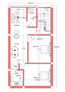 18.75x43.5 feet west-facing Vastu-compliant 2BHK house plan with drawing-dining hall, two 11x10 bedrooms, separate kitchen with OTS, common toilet, and front staircase.