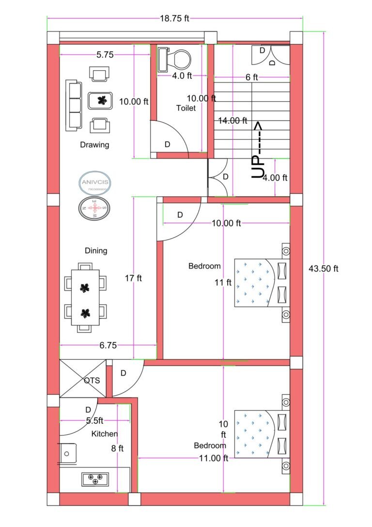 18.75x43.5 feet west-facing Vastu-compliant 2BHK house plan with drawing-dining hall, two 11x10 bedrooms, separate kitchen with OTS, common toilet, and front staircase.