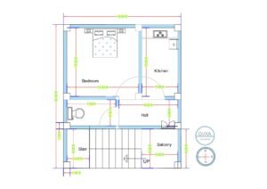 18x22 feet west-facing compact 1BHK house plan with separate staircase access, bedroom, kitchen, toilet, hall, and front balcony layout.
