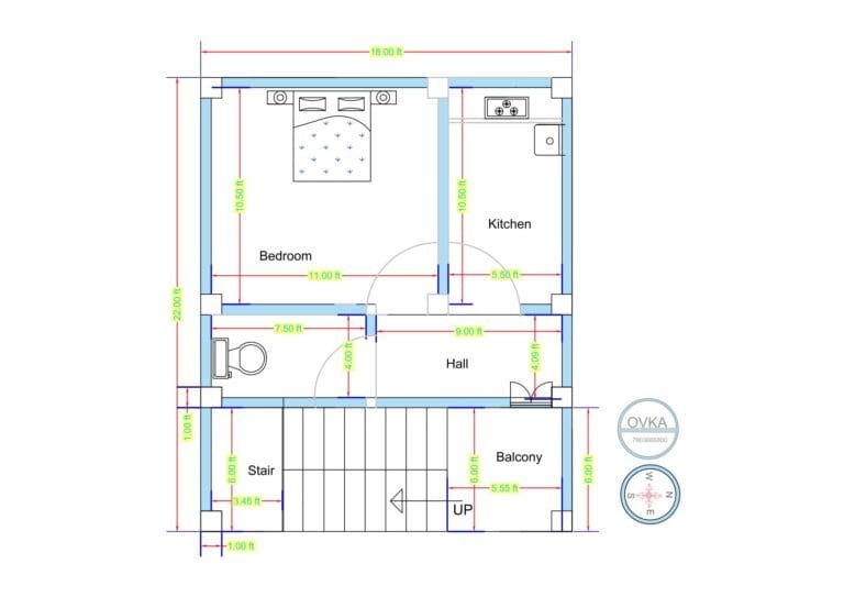 18x22 feet west-facing compact 1BHK house plan with separate staircase access, bedroom, kitchen, toilet, hall, and front balcony layout.