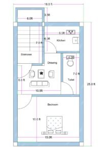 18x25 feet 1BHK house plan with staircase, drawing room, separate kitchen (8.5 ft counter), common toilet (4x7 ft), and spacious 10x15 bedroom layout.