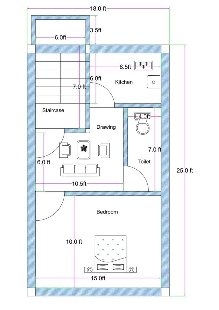 18x25 feet 1BHK house plan with staircase, drawing room, separate kitchen (8.5 ft counter), common toilet (4x7 ft), and spacious 10x15 bedroom layout.